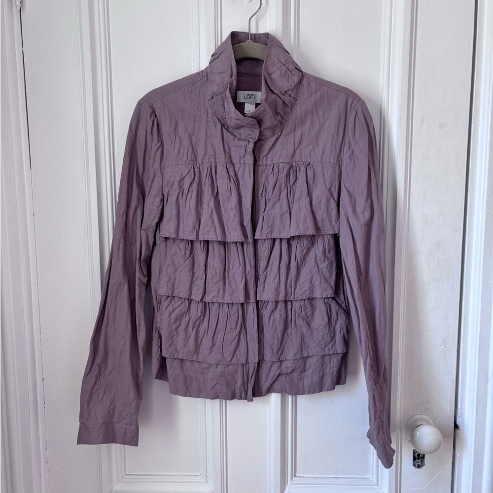 Ann Taylor Loft Tiered Ruffle Zip Up Jacket Dusty Lavender Size 8